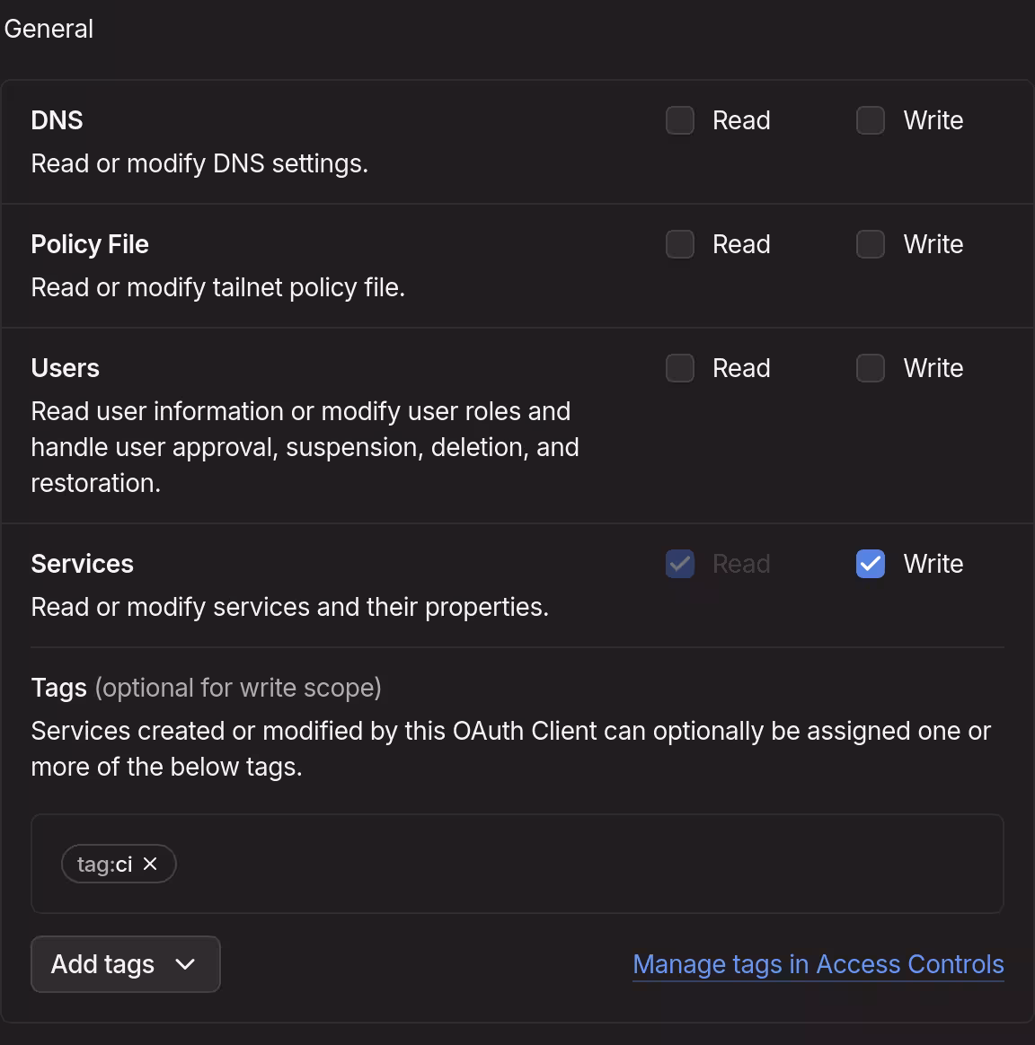 "General" section of scopes to choose for the new OAuth credential. "Write" scope for "Services" is checked, and the tag is set to "tag:ci".