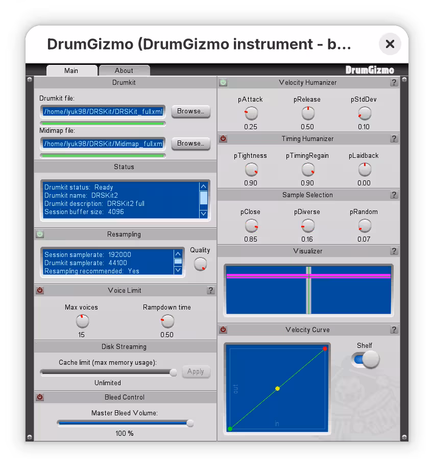 The interface for the DrumGizmo instrument plugin. Compared to the initial state, drumkit file was changed to "/home/lyuk98/DRSKit/DRSKit_full.xml", midimap file to "/home/lyuk98/DRSKit/Midimap_full.xml". Quality is increased to the maximum and cache limit is increased to unlimited.