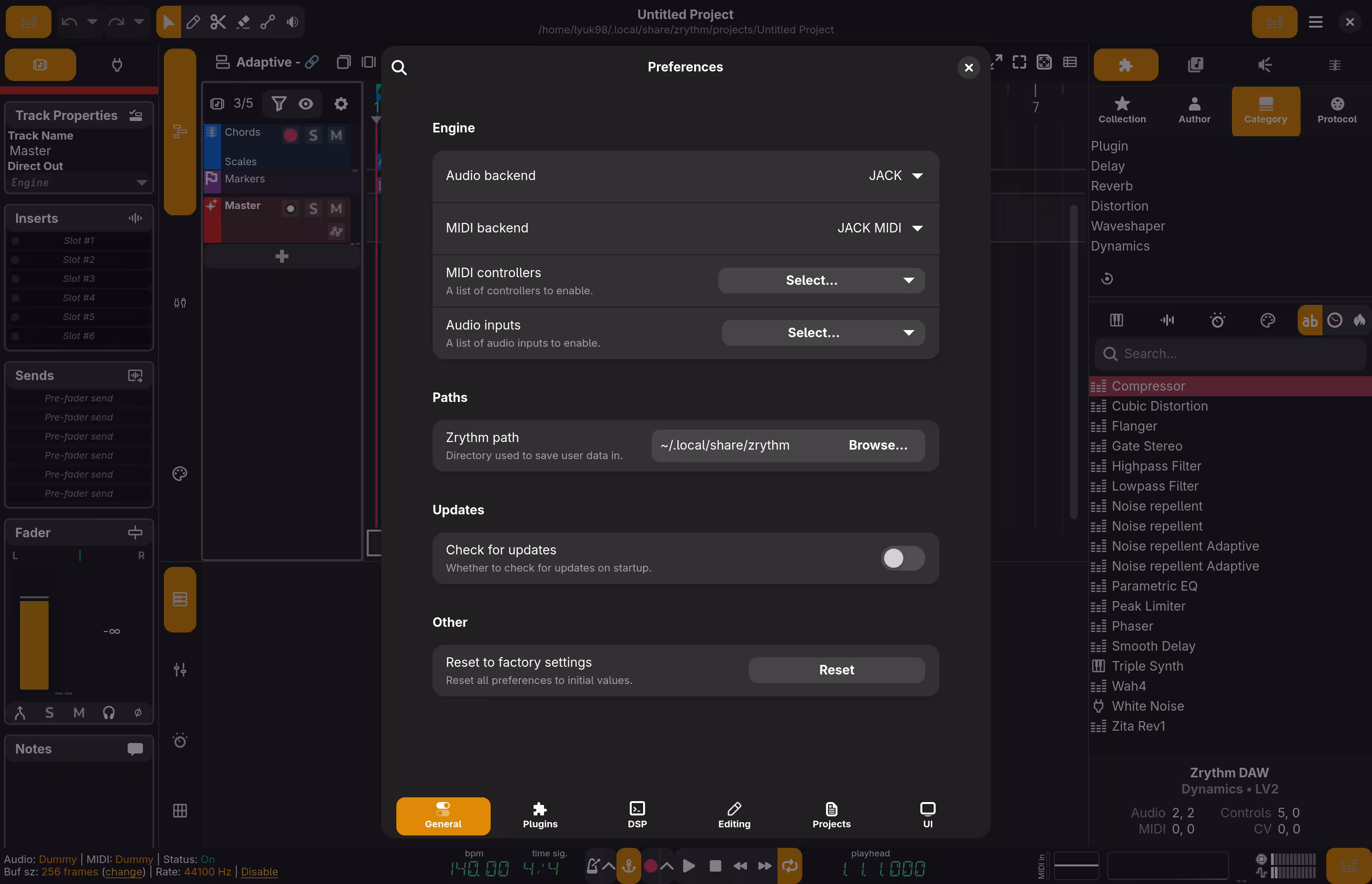 Preferences menu for Zrythm. "Audio backend" is set to "JACK", and "MIDI backend" is set to "JACK MIDI".