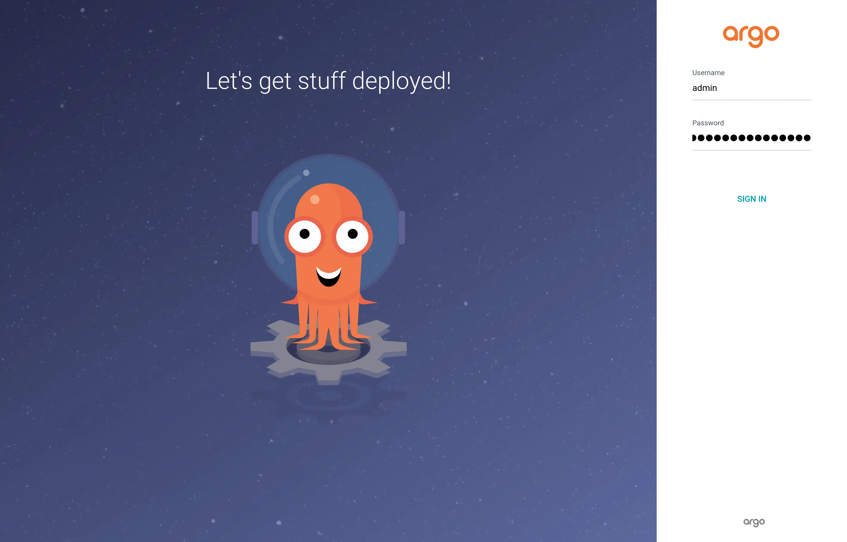Login page from self-hosted Argo CD, with the "Username" set to "admin" and the "Password" filled up
