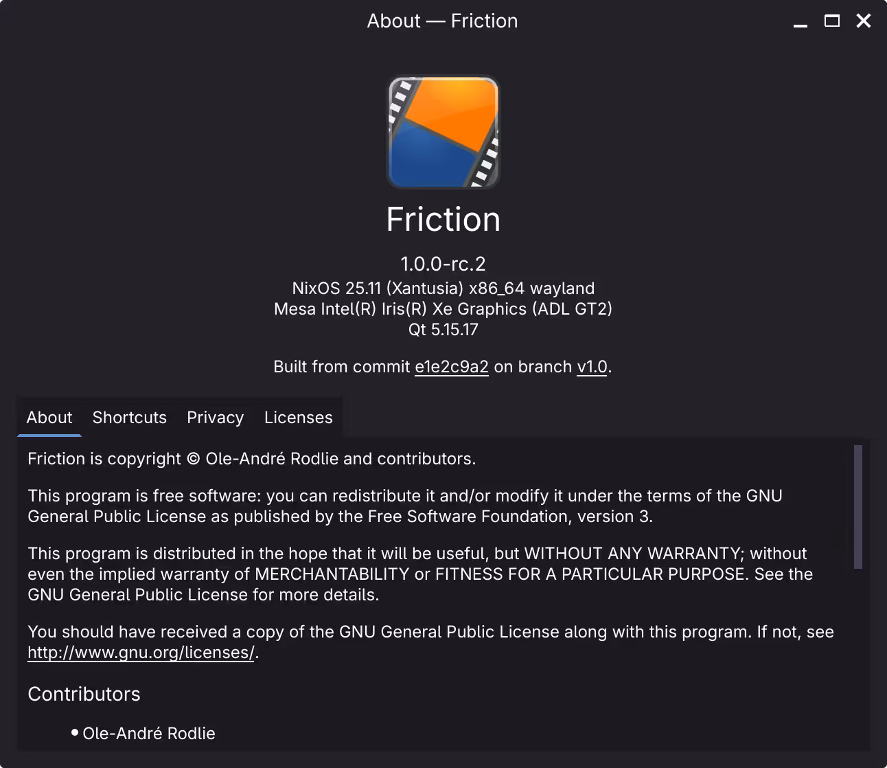 The AppImage version About window from Friction. Under its logo and title, there are lines of text: "1.0.0-rc.2", "NixOS 25.11 (Xantusia) x86_64 wayland", "Mesa Intel(R) Xe Graphics (ADL GT2)", "Qt 5.15.17", and "Built from commit e1e2c9a2"