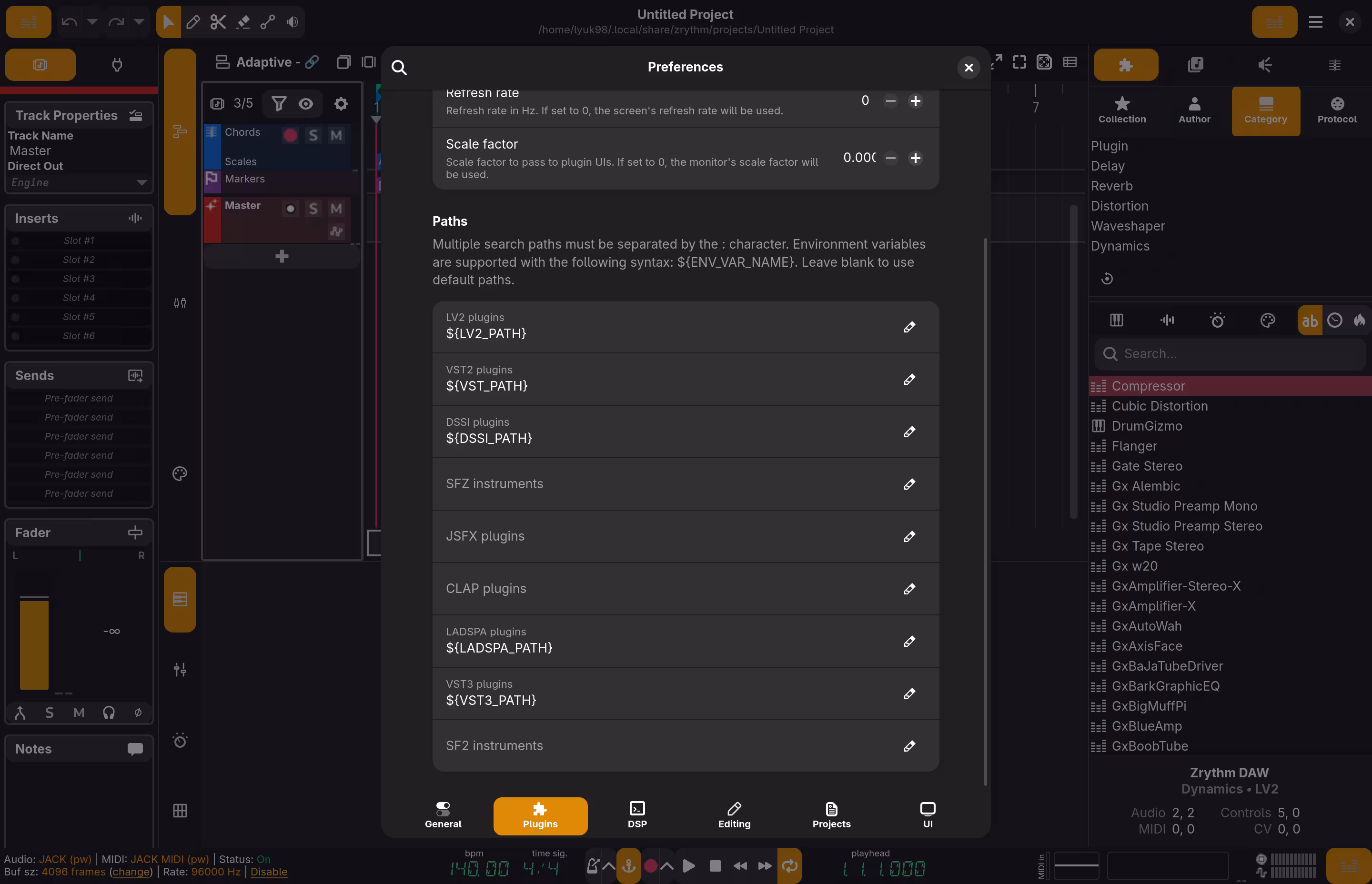 Preferences menu for Zrythm. The "Paths" section is shown, which description says: "Multiple search paths must be separated by the : character. Environment variables are supported with the following syntax: ${ENV_VAR_NAME}. Leave blank to use default paths." Paths for "LV2 plugins" is set to "${LV2_PATH}", "VST2 plugins" as "${VST_PATH}", "DSSI plugins" as "${DSSI_PATH}", "LADSPA plugins" as "${LADSPA_PATH}", and "VST3 plugins" as "${VST3_PATH}". Paths for "SFZ instruments", "JSFX plugins", "CLAP plugins", and "SF2 instruments" are empty.