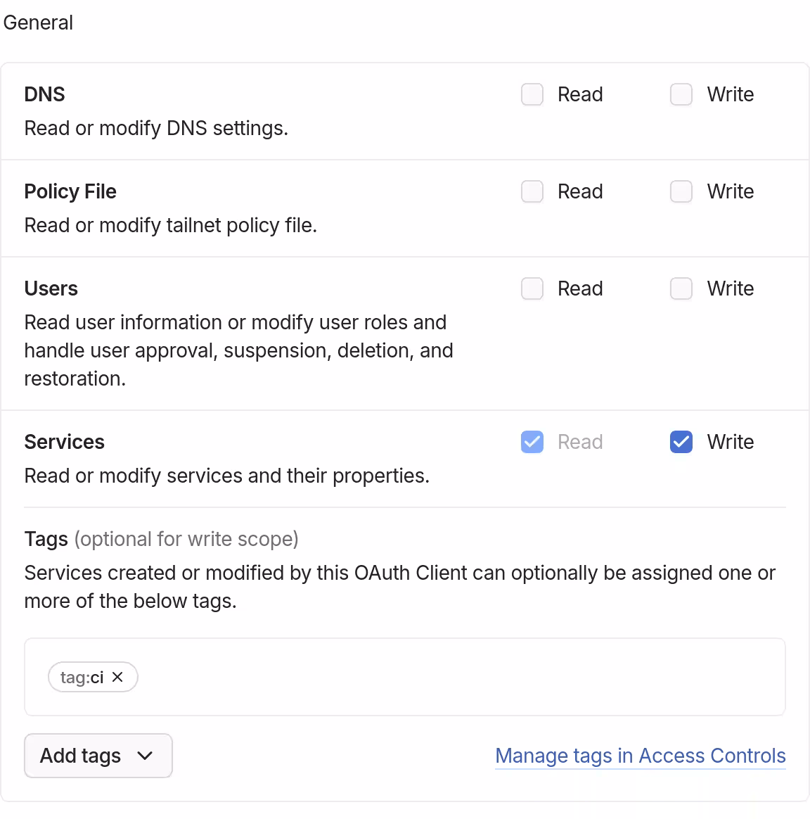 "General" section of scopes to choose for the new OAuth credential. "Write" scope for "Services" is checked, and the tag is set to "tag:ci".