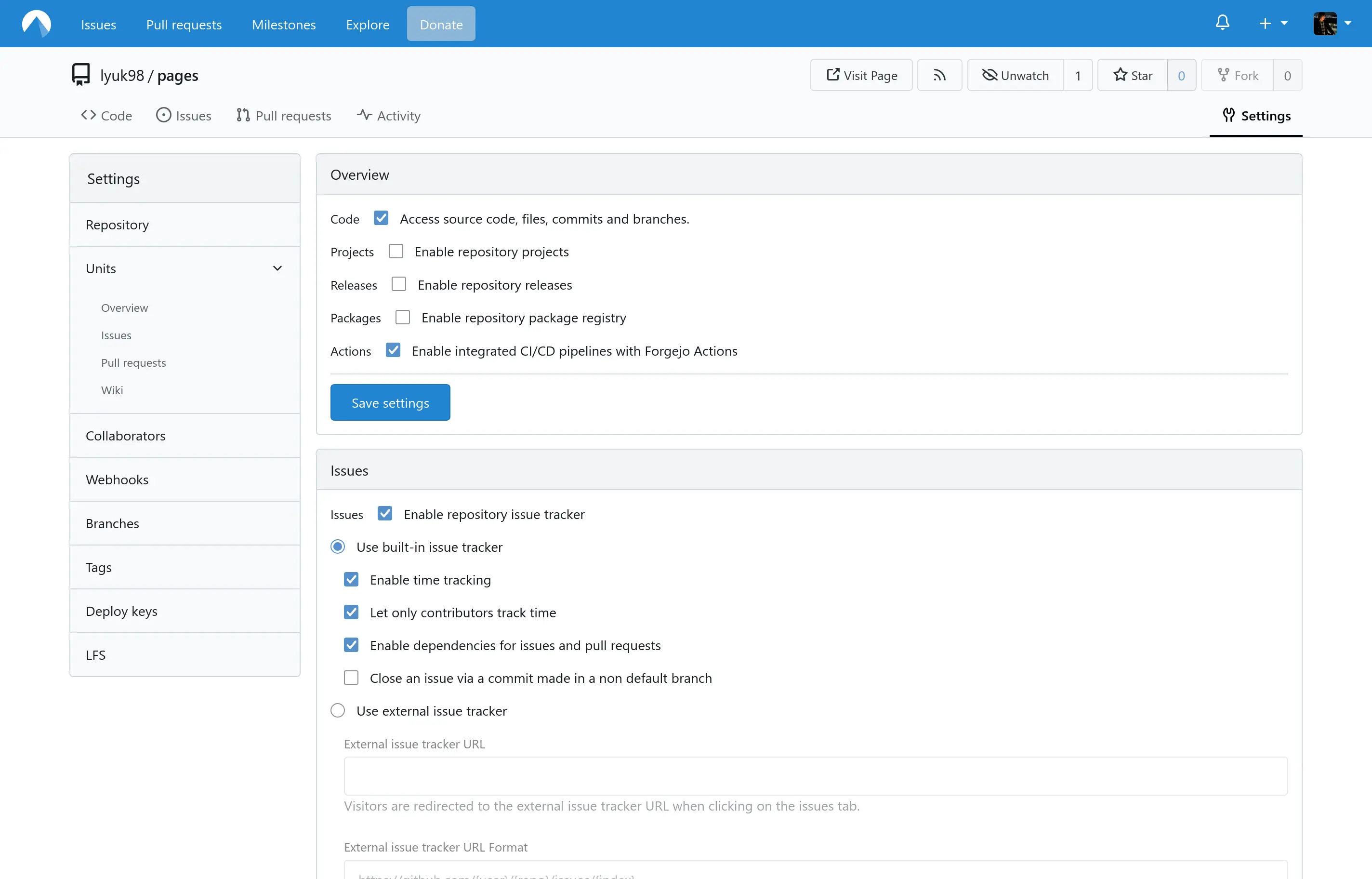 Settings page at the pages repository. From the "Overview" section, the "Actions" option, described as "Enable integrated CI/CD pipelines with Forgejo Actions", is checked together with "Code".