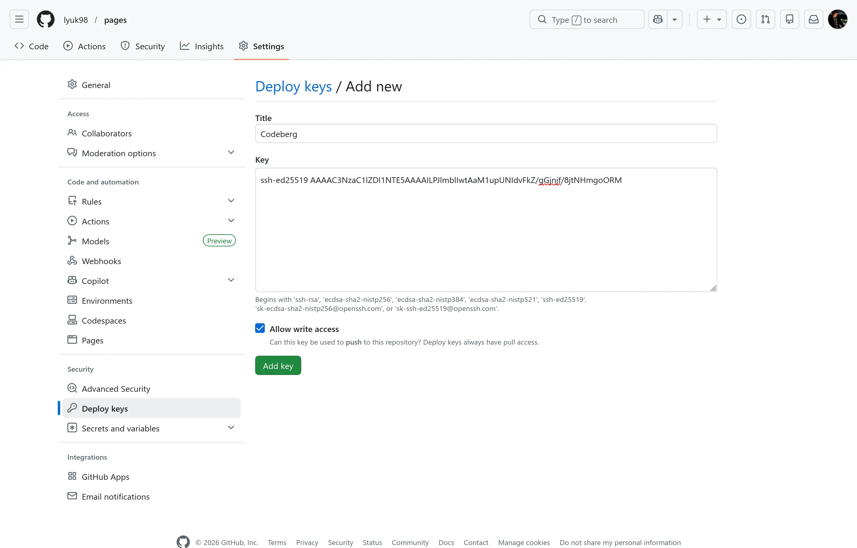 A dialog for adding a new deploy key at the GitHub repository. "Title" is set to "Codeberg", "Key" is set to the public key generated by Codeberg, and "Allow write access" is checked.