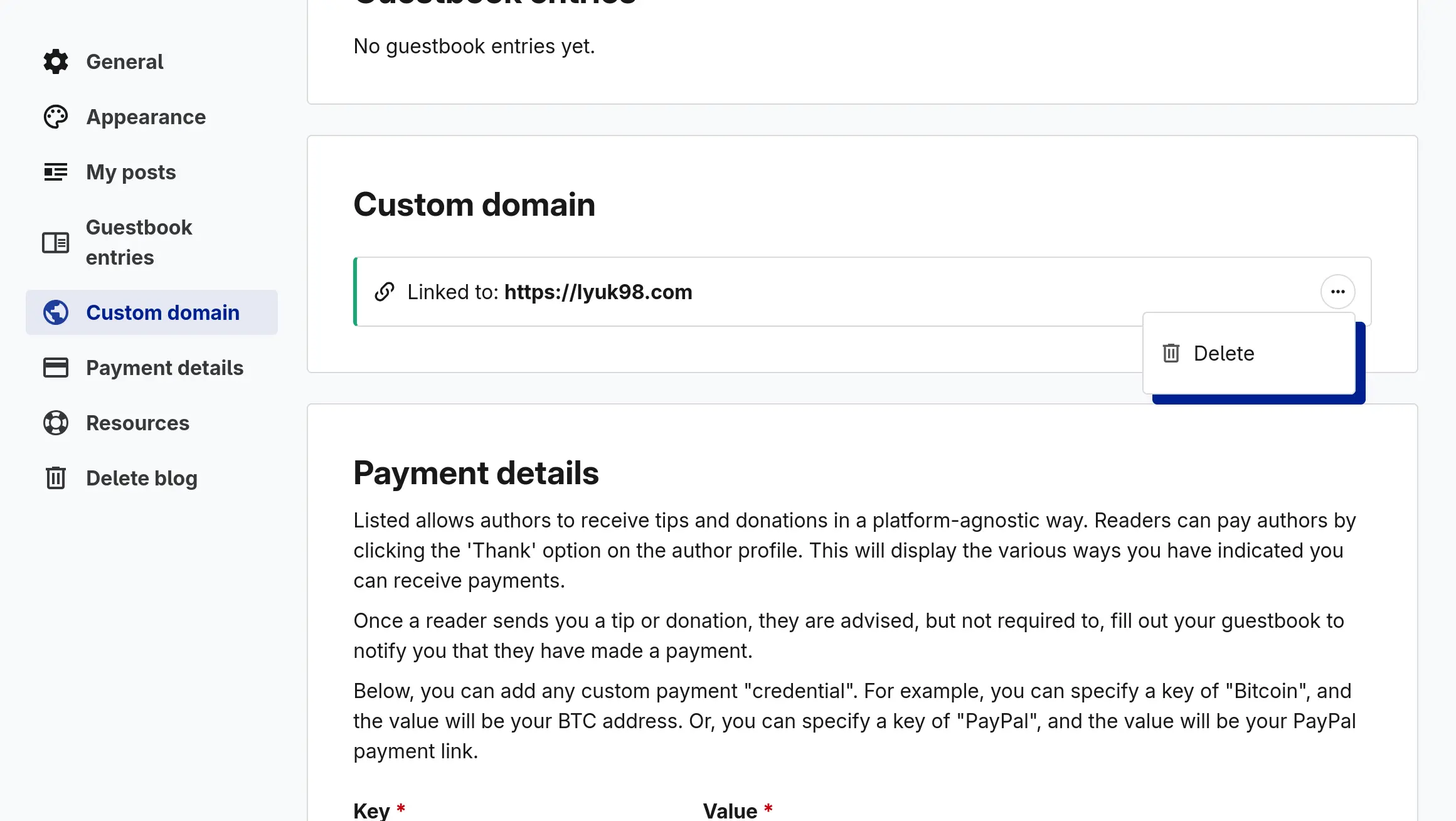Settings page for the Listed blog, where an existing custom domain integration, that says "Linked to: https://lyuk98.com", is visible. A menu is expanded from there, where an option to "Delete" the integration can be seen.
