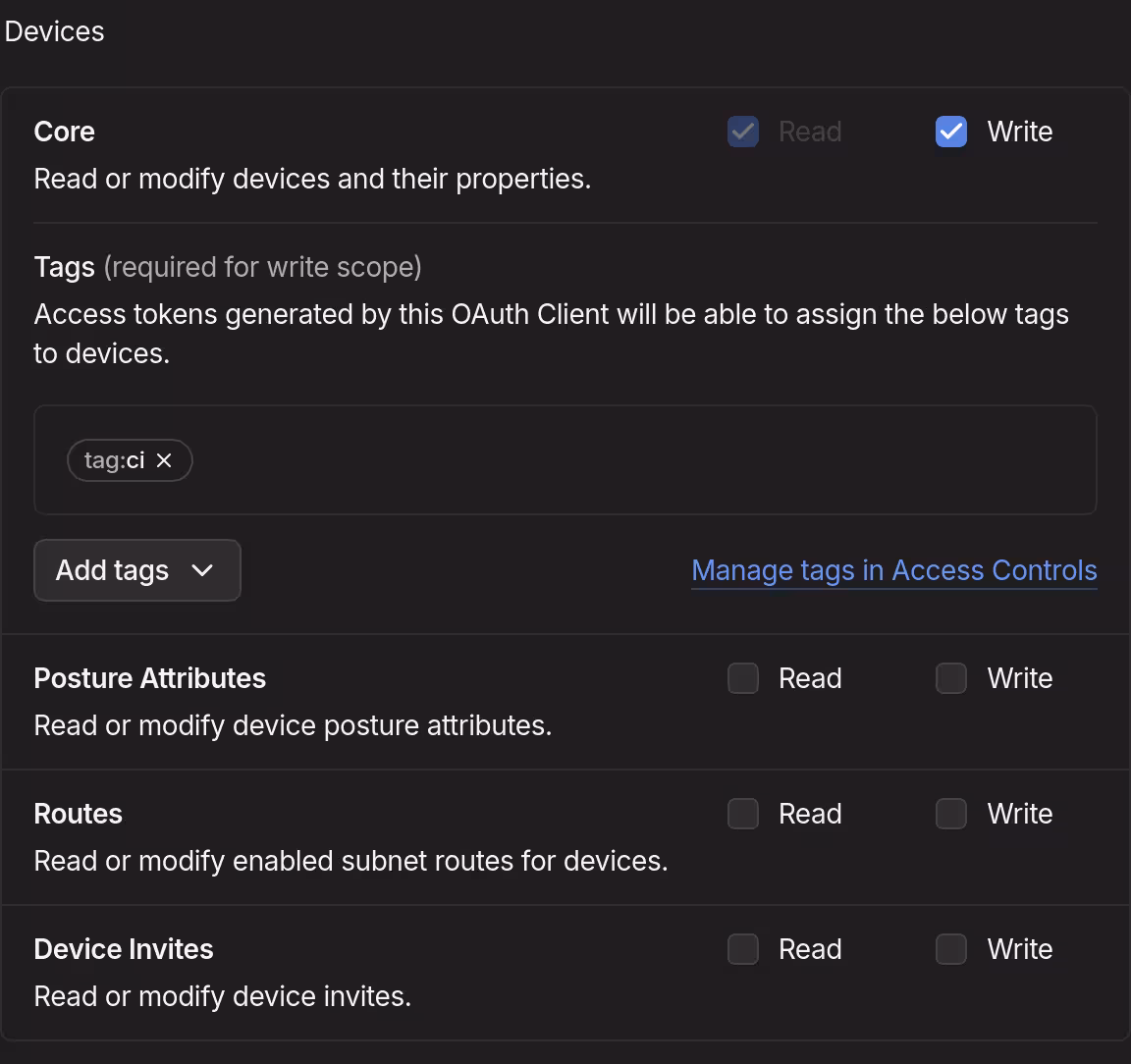 "Devices" section of scopes to choose for the new OAuth credential. "Write" scope for "Core" is checked, and the tag is set to "tag:ci".