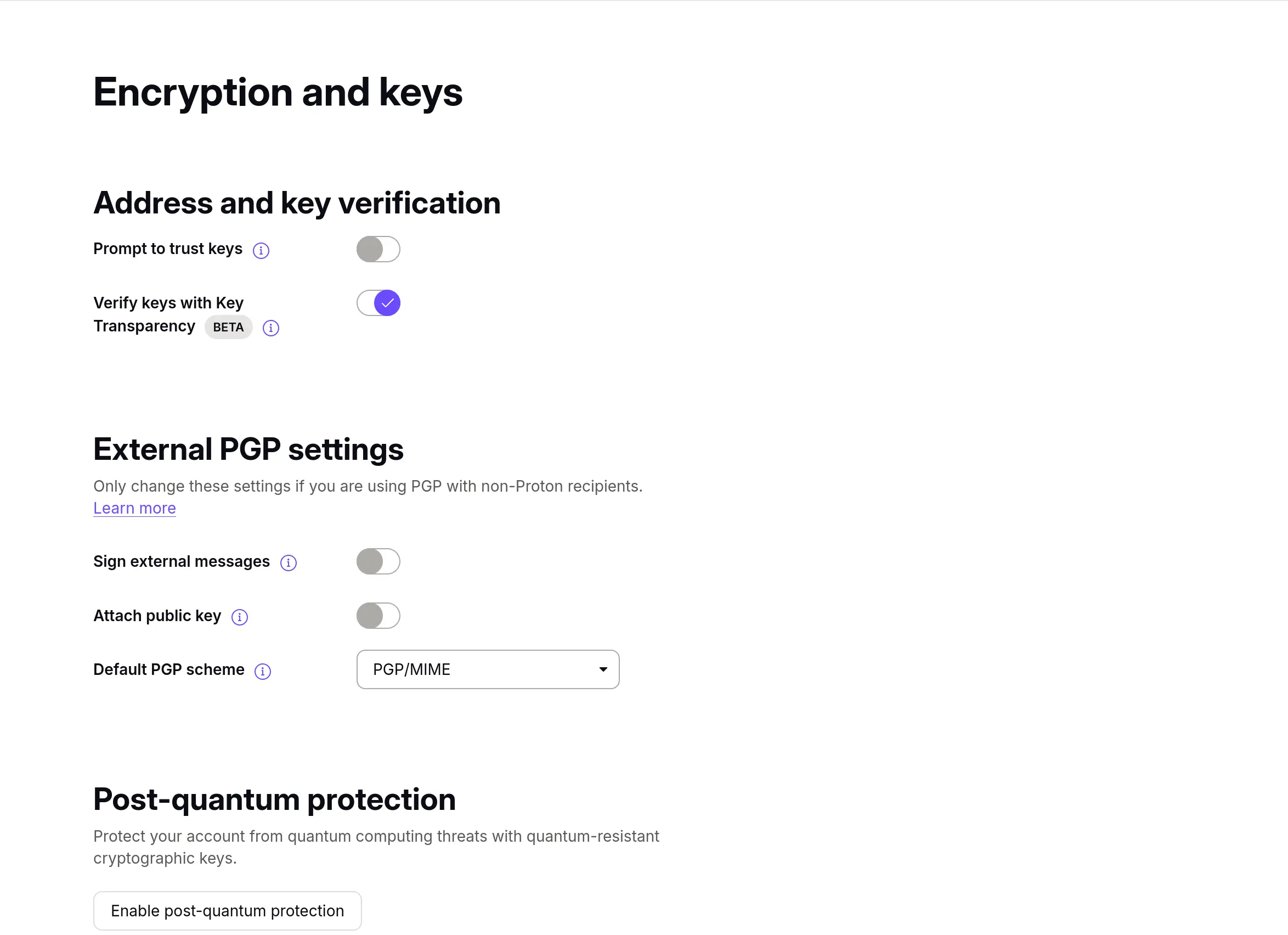 Proton account settings for "Encryption and keys". In a section named "Post-quantum protection", a button to "Enable post-quantum protection" is present.