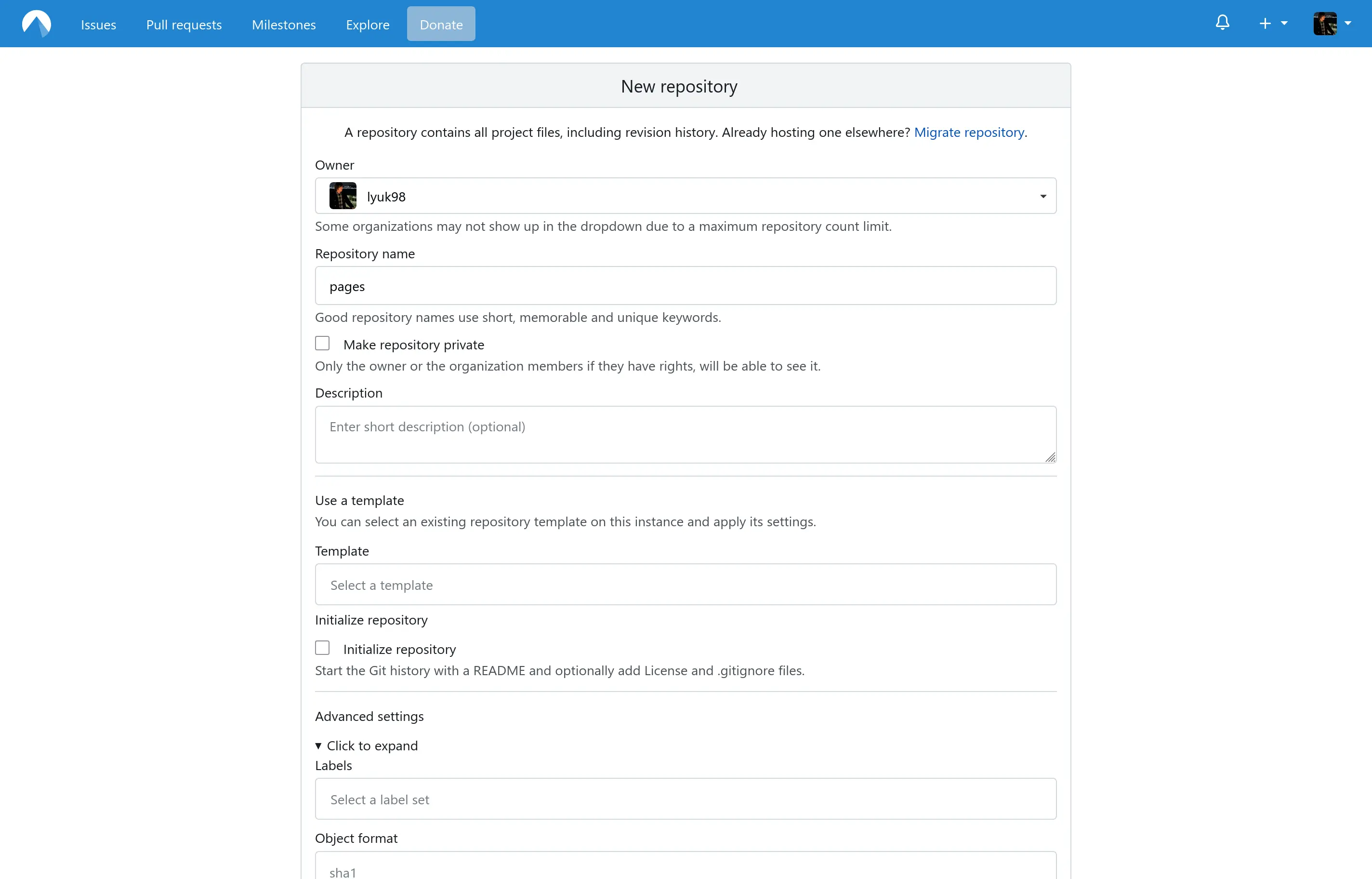 Repository creation page at Codeberg. Owner is set to "lyuk98", and the repository name is "pages".