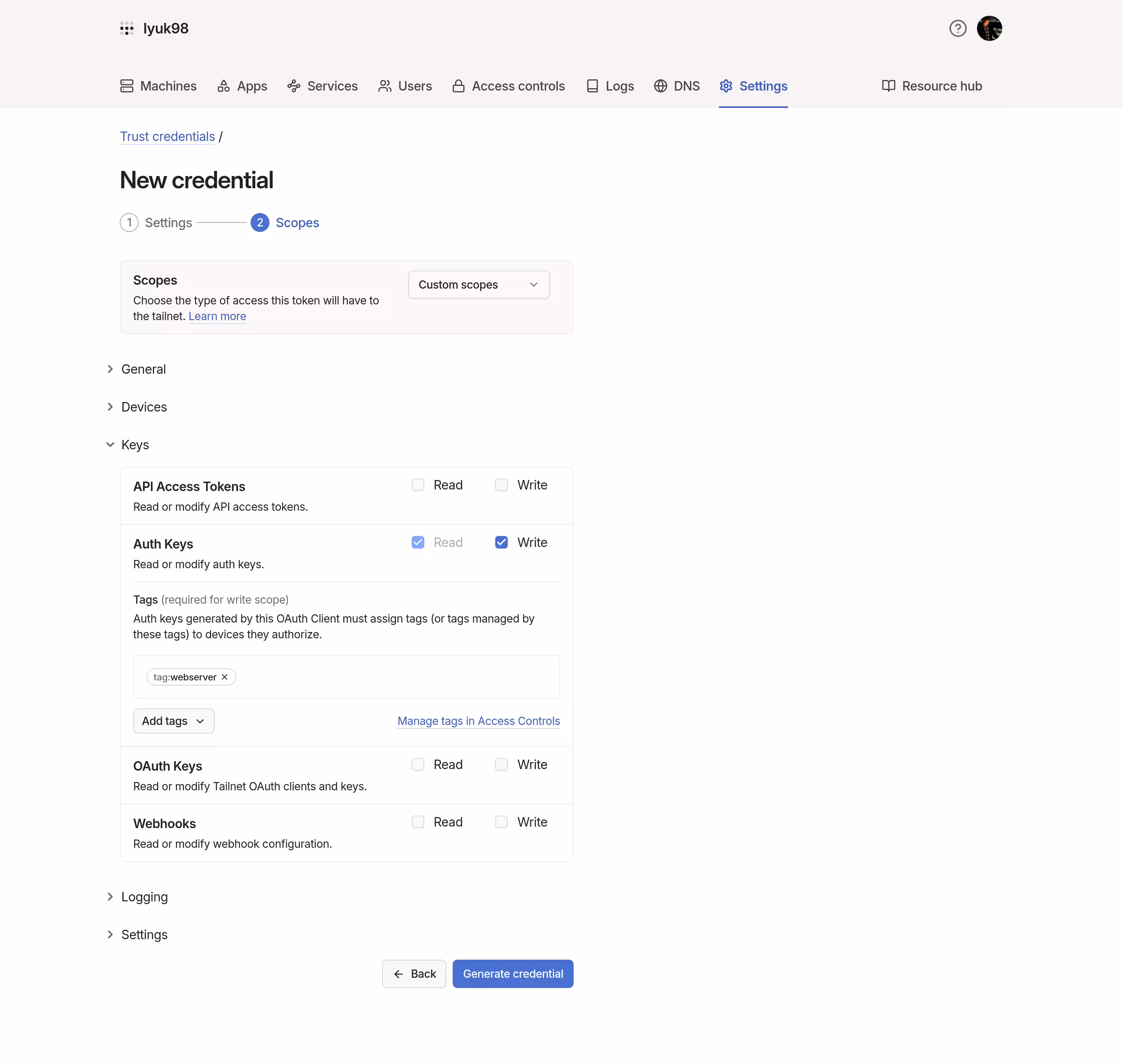 Adding a new credential A dialog for adding a new credential at Tailscale. Checkbox "Write" is checked for the "Auth Keys" scope.