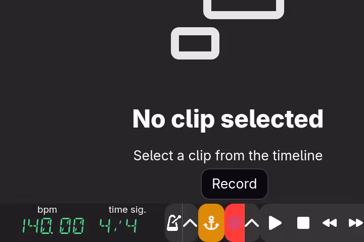 The playback interface in Zrythm, with a tooltip "Record" shown