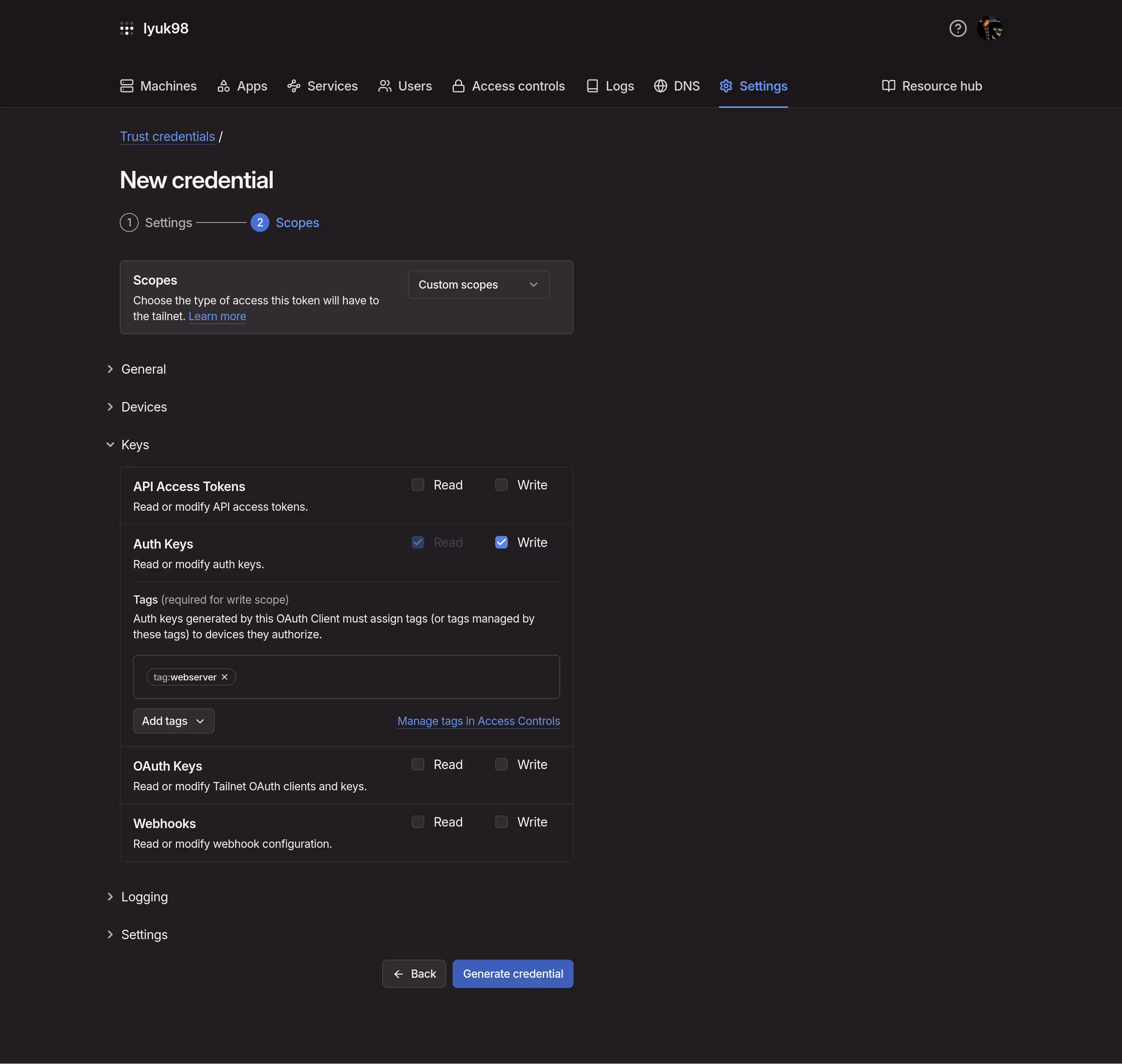 Adding a new credential A dialog for adding a new credential at Tailscale. Checkbox "Write" is checked for the "Auth Keys" scope.