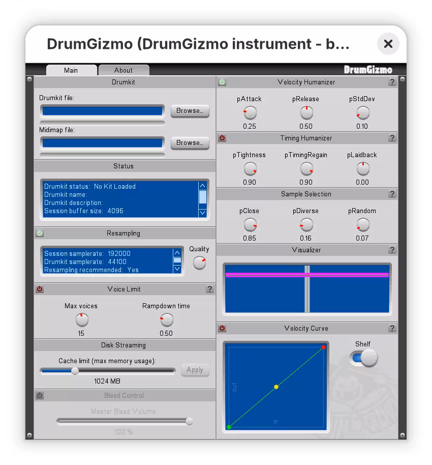 The interface for the DrumGizmo instrument plugin