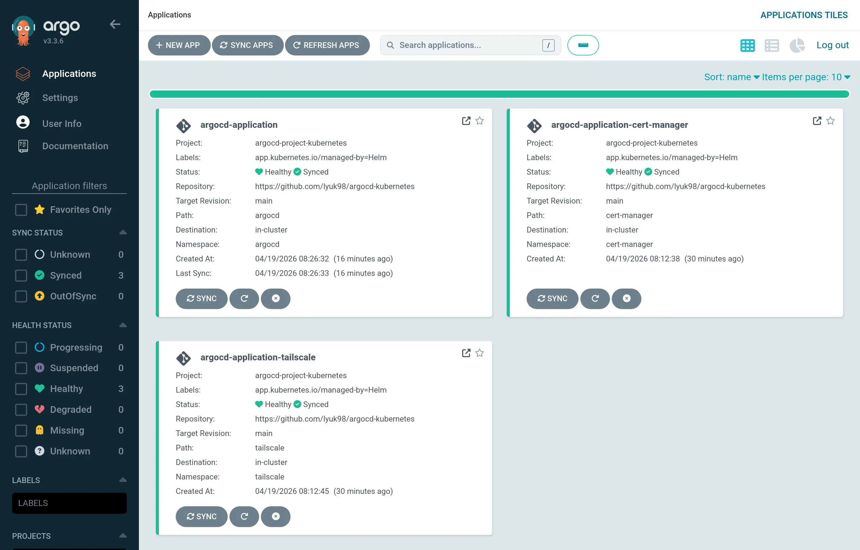 Dashboard from self-hosted Argo CD, showing 3 deployed Argo CD Applications