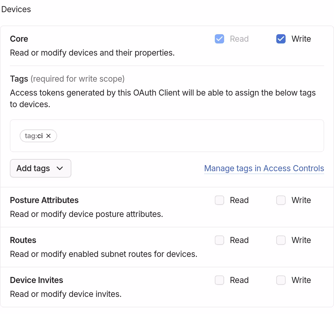 "Devices" section of scopes to choose for the new OAuth credential. "Write" scope for "Core" is checked, and the tag is set to "tag:ci".