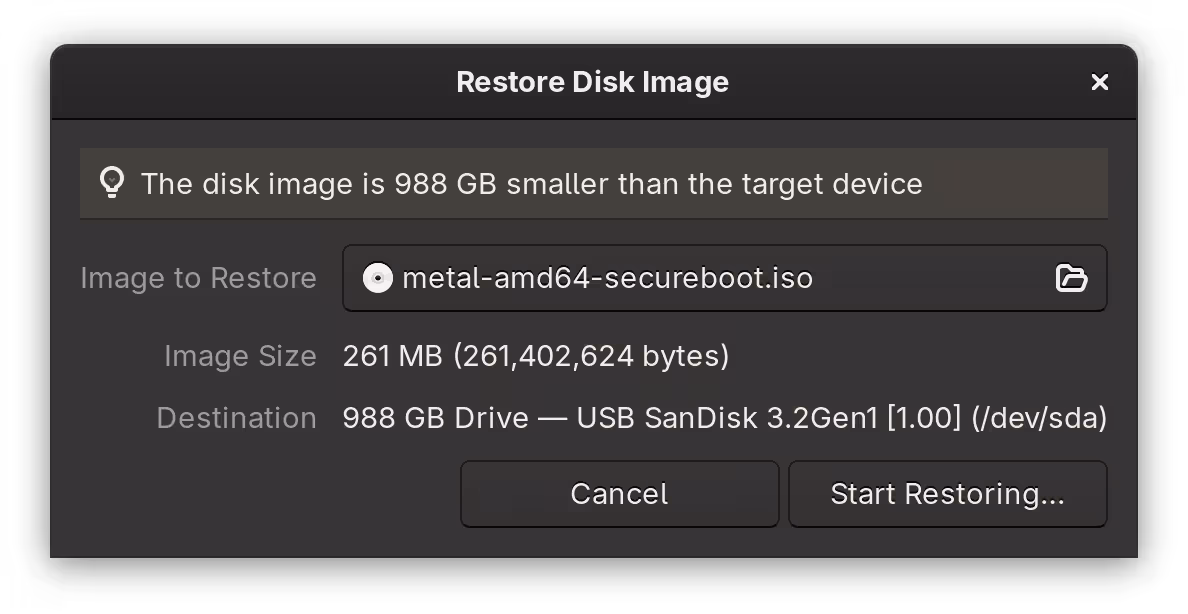 A dialog for restoring disk image. "metal-amd64-secureboot.iso" is selected as an image to restore.