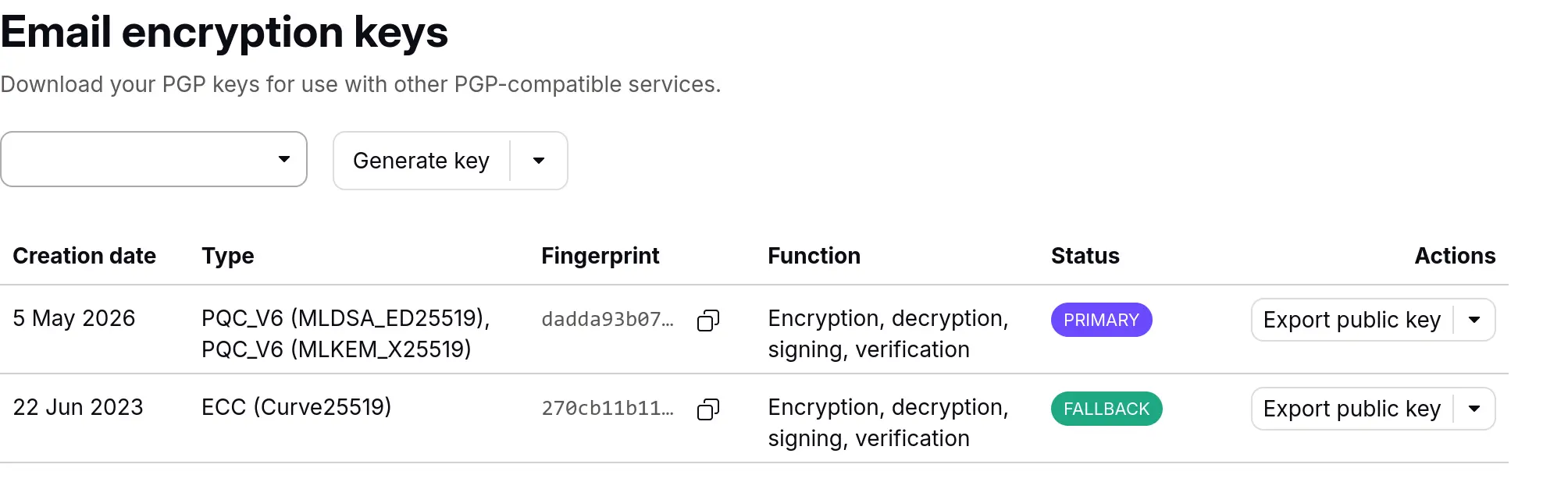 A list of email encryption keys. On top of existing key with type "ECC (Curve25519)", a new one with type "PQC_V6 (MLDSA_ED25519), PQC_V6 (MKLEM_X25519)" is present.