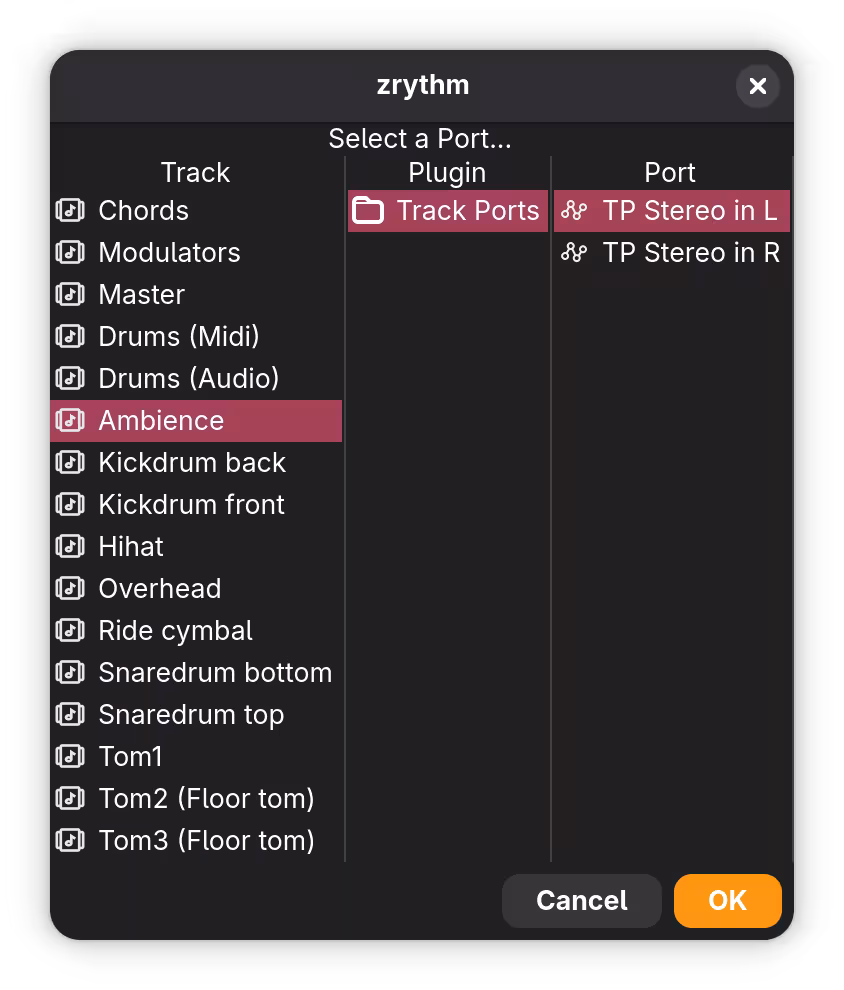 The port selection interface in Zrythm. For "Track", "Plugin", and "Port", "Ambience", "Track Ports", and "TP Stereo in L" are selected, respectively.