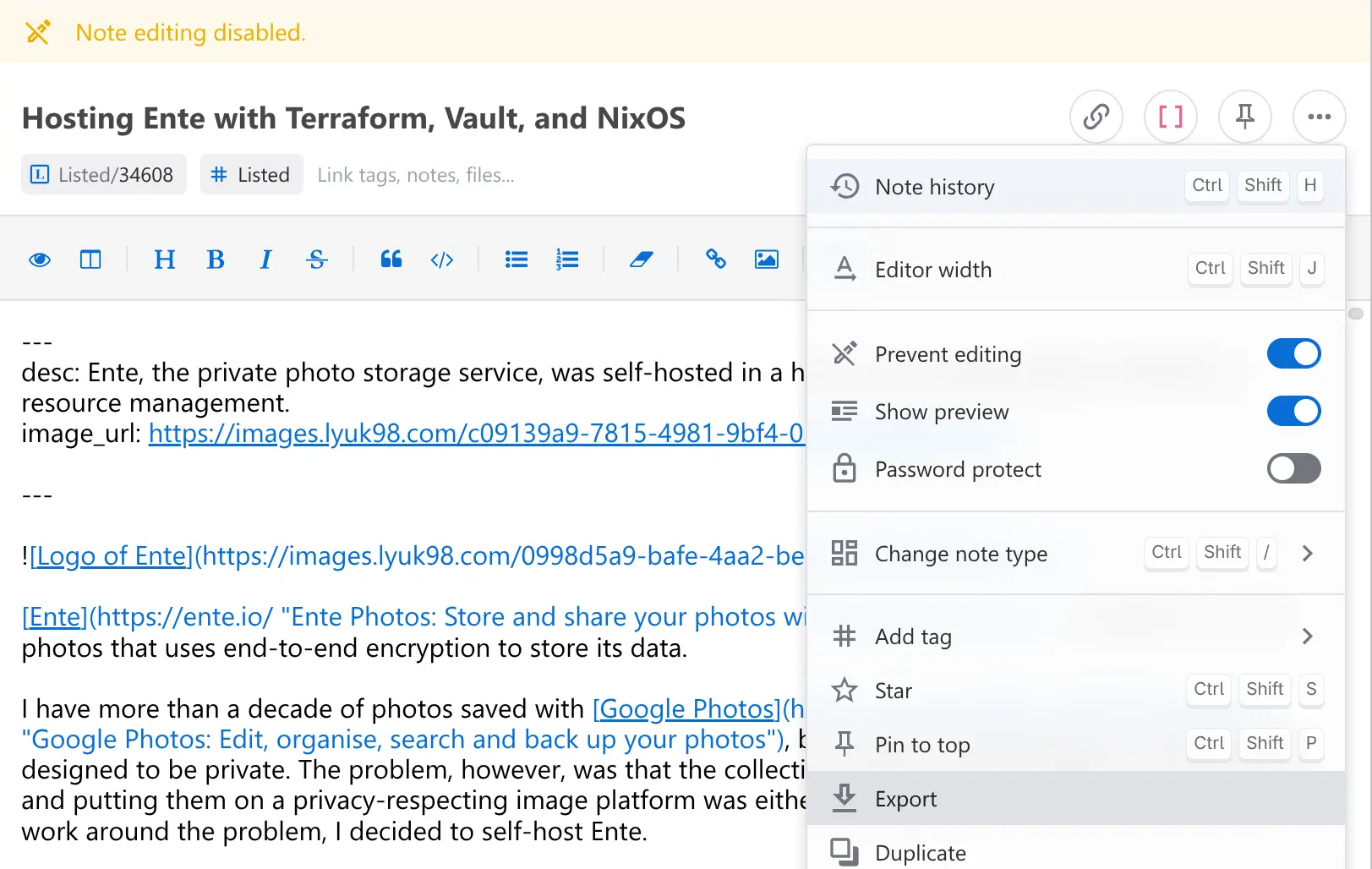 Expanded menu for a note on the Standard Notes client. The option "Export" is selected.