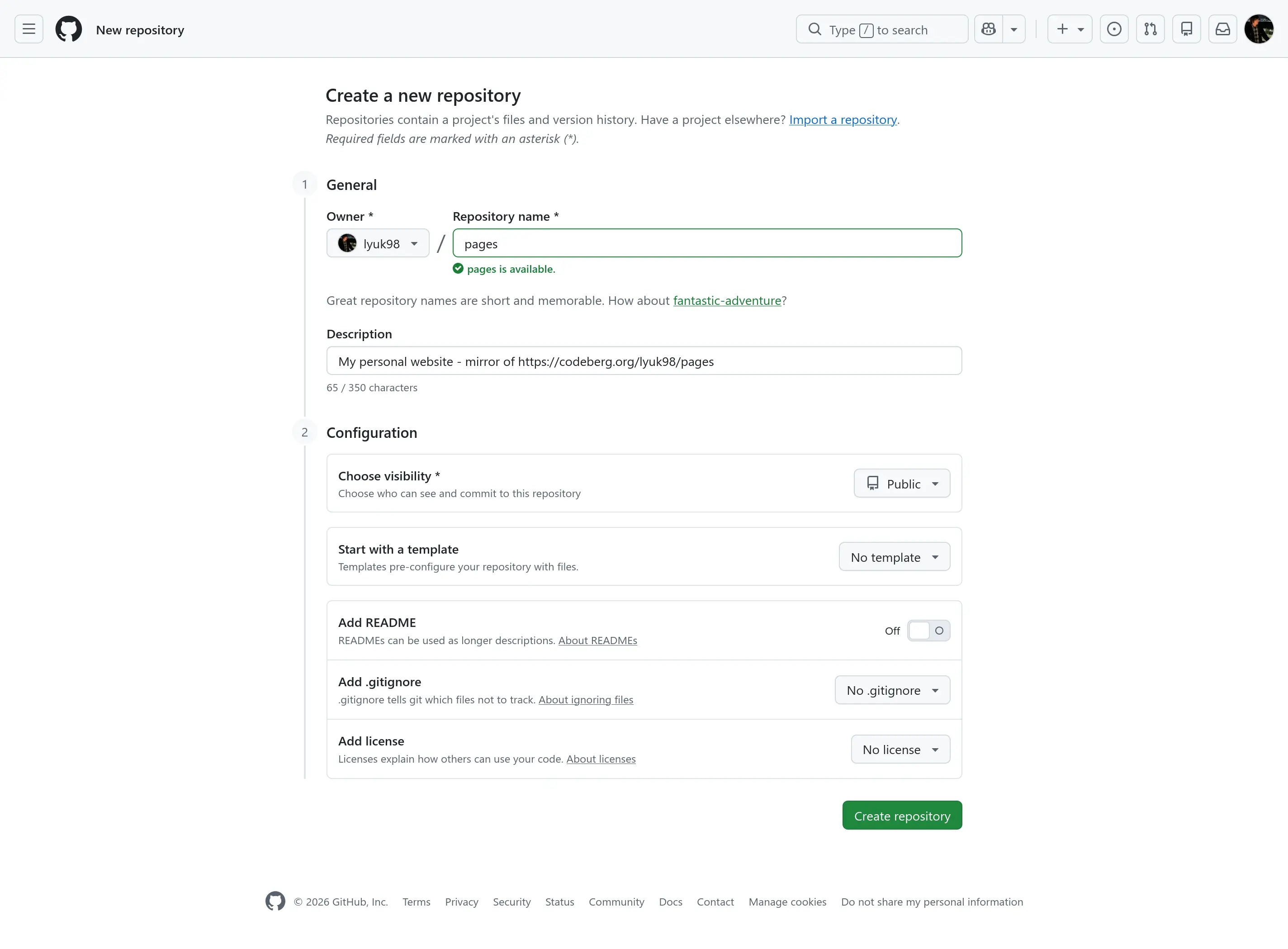 Repository creation page at GitHub. Owner is set to "lyuk98", and the repository name is "pages".
