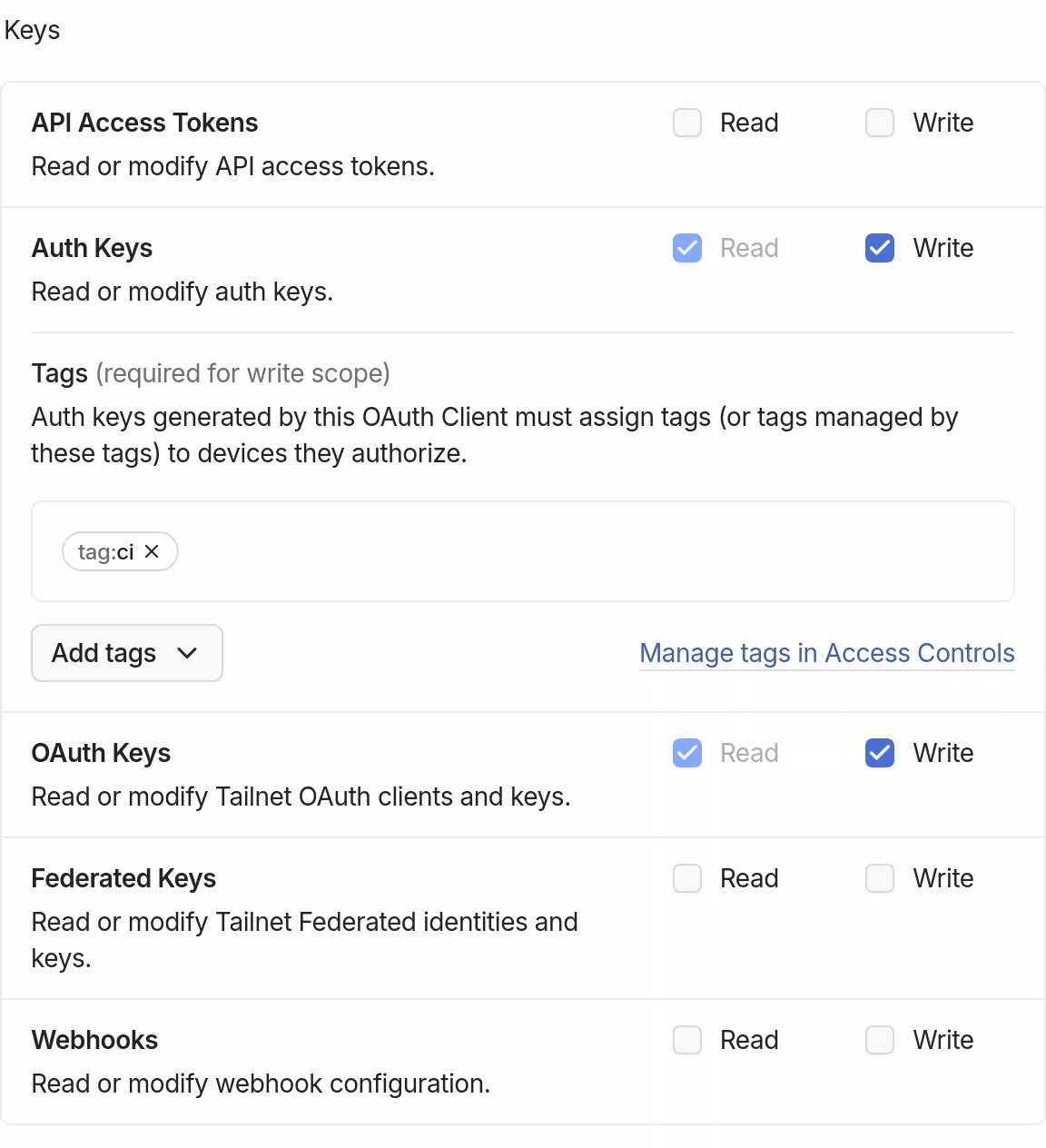 "Keys" section of scopes to choose for the new OAuth credential. "Write" scopes for "Auth Keys" and "OAuth Keys" are checked, and the tag is set to "tag:ci".