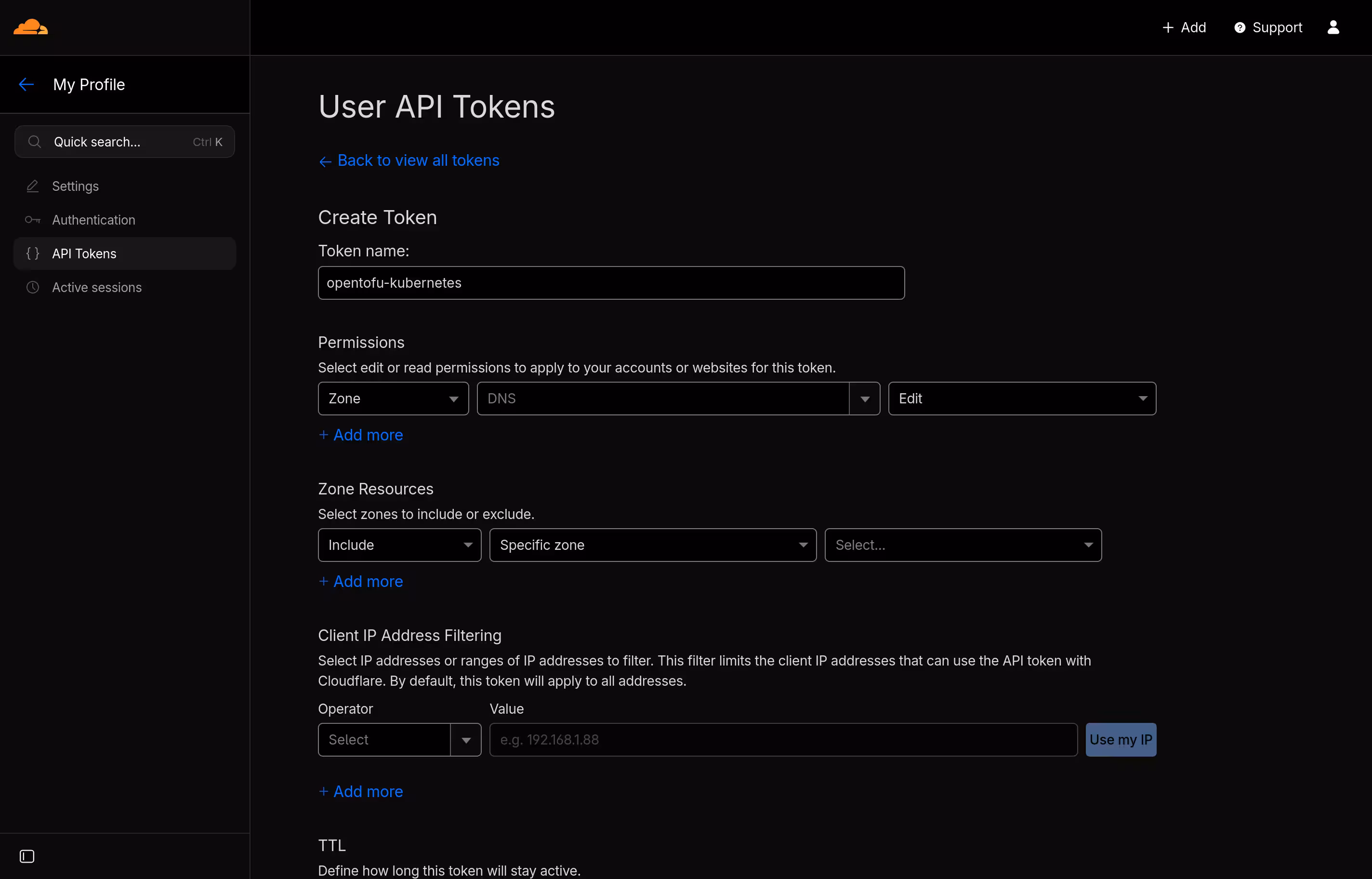 Creation of a user API token, where the name is "opentofu-kubernetes" and a permission for editing DNS information is granted